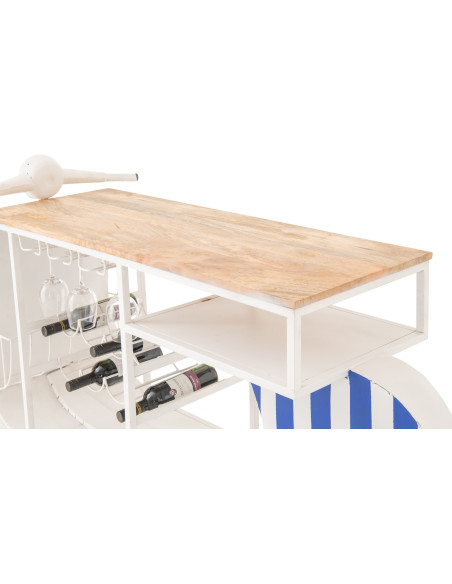 Meuble bar original Scooter 180 cm Métal Blanc Bleu Motif rayures Bois Naturel Dolce Vita