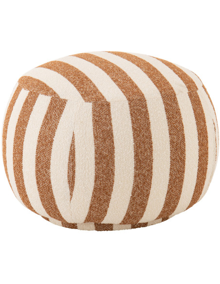 Pouf design bord de mer Rond 61 cm Tissu Marron camel Blanc crème Motif rayures Bois Lijnen