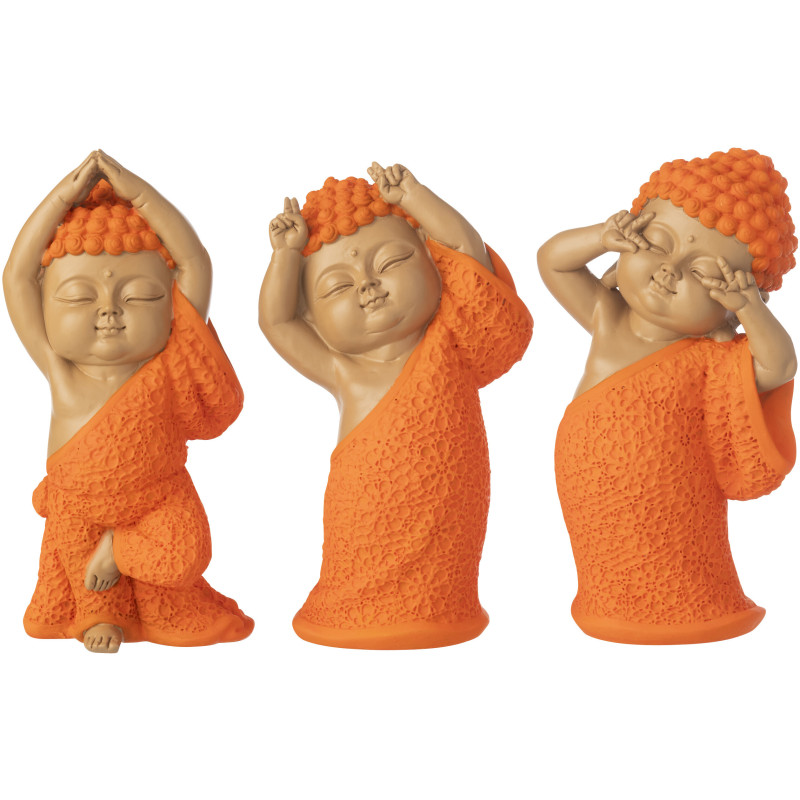 Lot de 3 Statuettes Moines Amusants H 20 cm Résine Orange Beige Zenko 