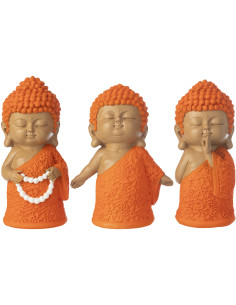 Lot de 3 Statuettes Moines Priants H 15 cm Résine Orange Beige Zenko 