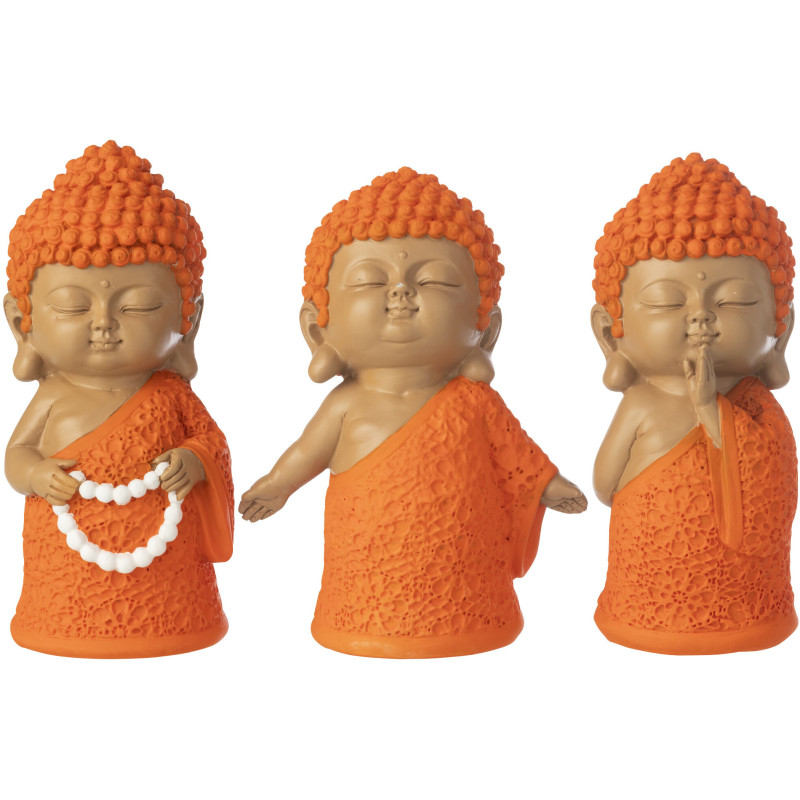 Lot de 3 Statuettes Moines Priants H 15 cm Résine Orange Beige Zenko 