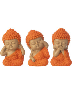 Lot de 3 Statuettes Moines Sagesse H 9 cm Résine Orange Beige Zenko 