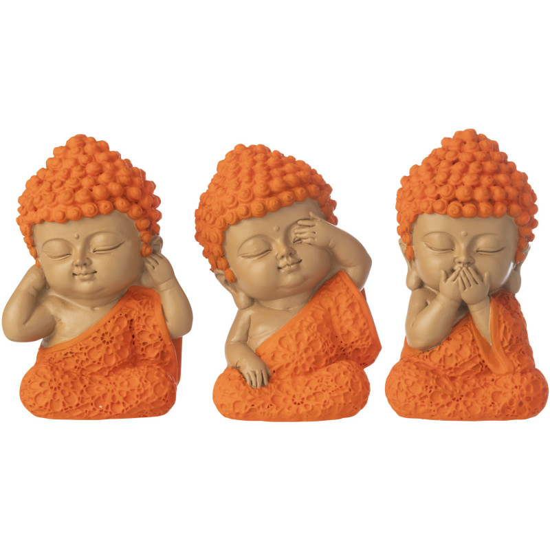 Lot de 3 Statuettes Moines Sagesse H 9 cm Résine Orange Beige Zenko 