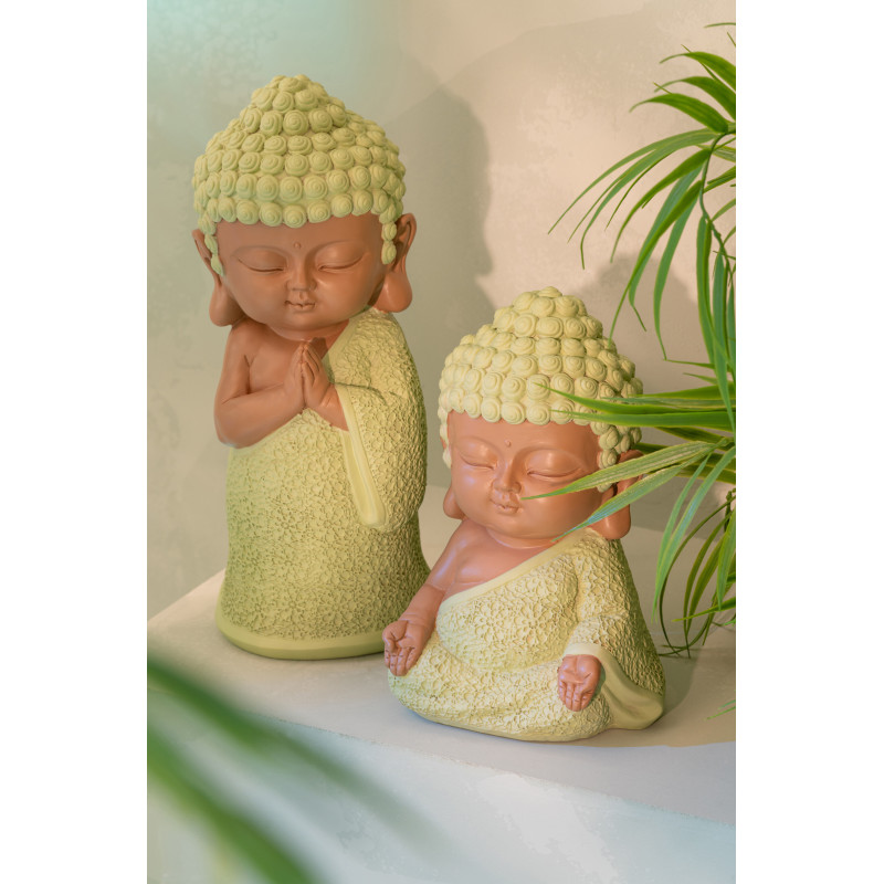 Statuette déco Moine Zen H 19 cm Résine Vert menthe Beige Zenko 