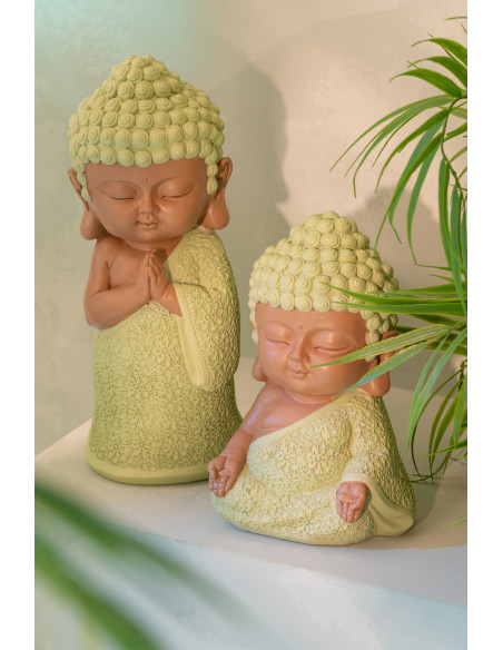 Statuette déco Moine Zen H 19 cm Résine Vert menthe Beige Zenko 