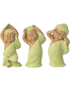 Lot de 3 Statuettes Moines Amusants H 20 cm Résine Vert menthe Beige Zenko 