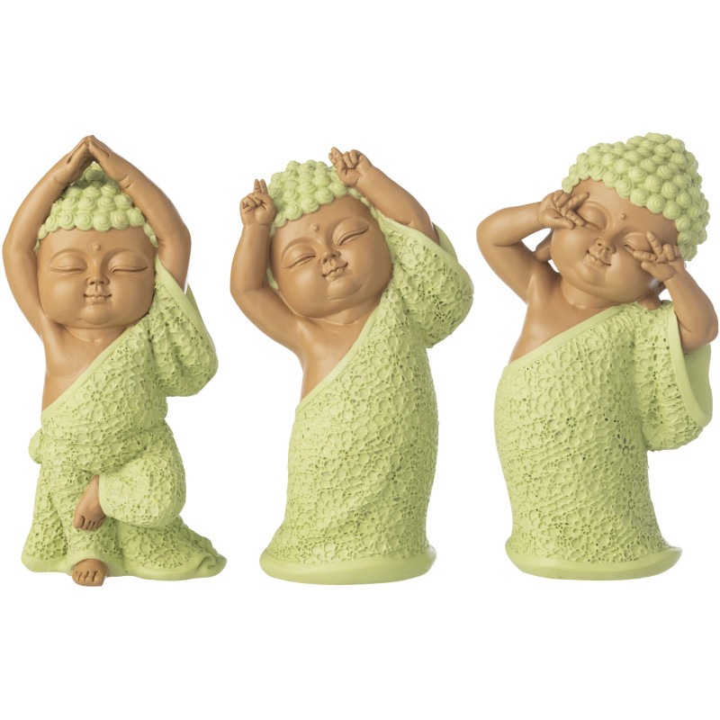 Lot de 3 Statuettes Moines Amusants H 20 cm Résine Vert menthe Beige Zenko 