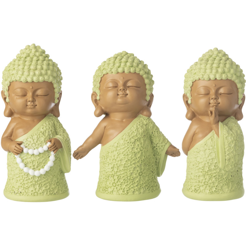 Lot de 3 Statuettes Moines Priants H 15 cm Résine Vert menthe Beige Zenko 