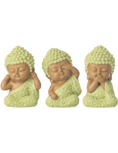 Lot de 3 Statuettes Moines Sagesse H 9 cm Résine Vert menthe Beige Zenko 