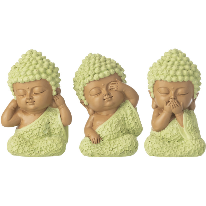 Lot de 3 Statuettes Moines Sagesse H 9 cm Résine Vert menthe Beige Zenko 