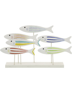 Grande Sculpture déco bord de mer Poissons sur pied 50 cm Bois MDF Blanc Motif lignes Nautilia 