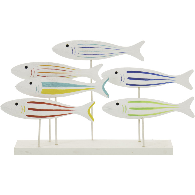 Grande Sculpture déco bord de mer Poissons sur pied 50 cm Bois MDF Blanc Motif lignes Nautilia 
