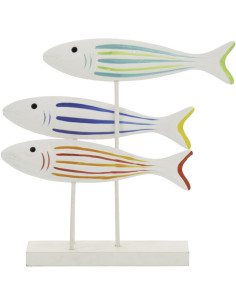 Sculpture déco bord de mer 3 Poissons sur pied 29 cm Bois MDF Blanc Motif lignes Nautilia 