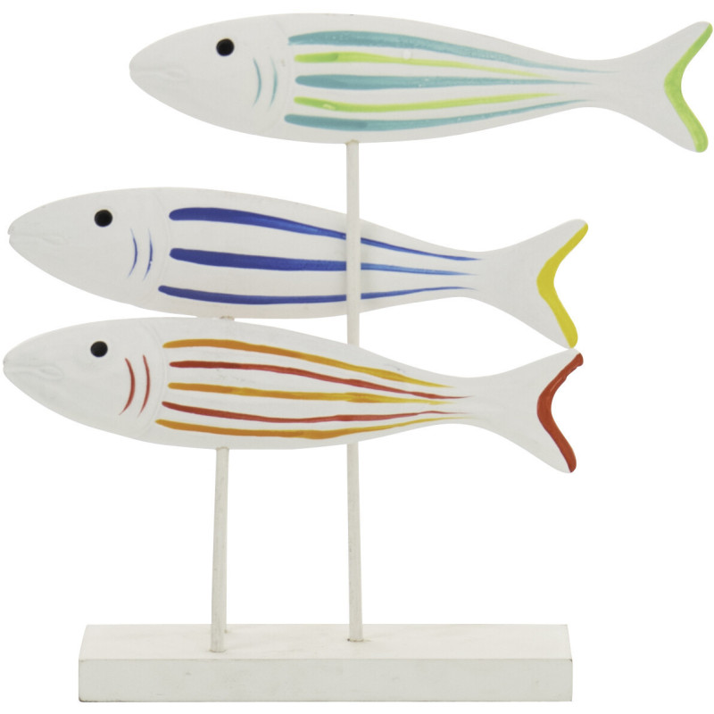 Sculpture déco bord de mer 3 Poissons sur pied 29 cm Bois MDF Blanc Motif lignes Nautilia 