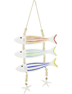 Suspension déco bord de mer 3 Poissons Bois MDF Blanc Motif lignes Perle Corde Naturel Nautilia 