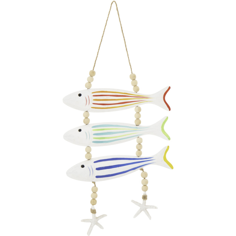 Suspension déco bord de mer 3 Poissons Bois MDF Blanc Motif lignes Perle Corde Naturel Nautilia 