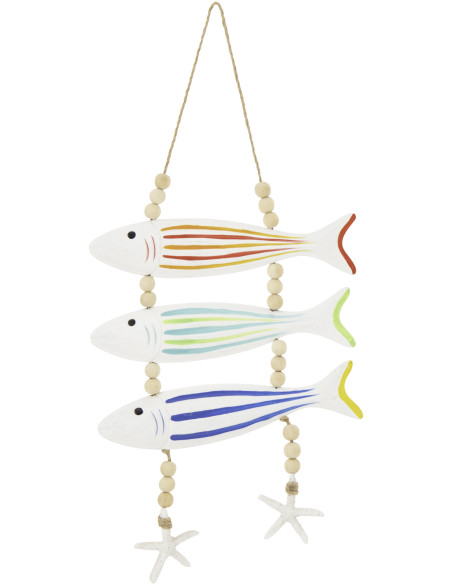 Suspension déco bord de mer 3 Poissons Bois MDF Blanc Motif lignes Perle Corde Naturel Nautilia 