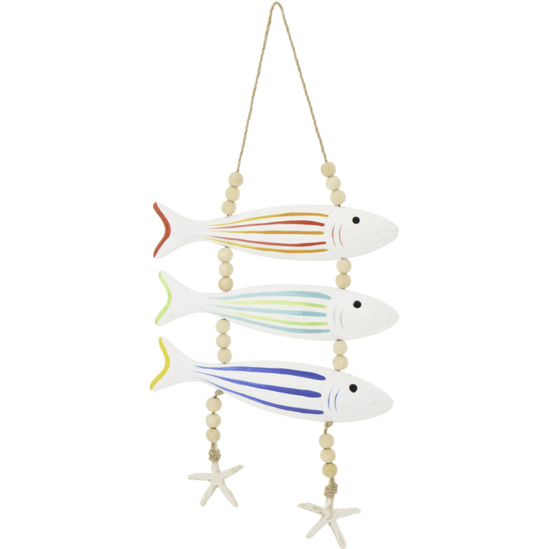 Suspension déco bord de mer 3 Poissons Bois MDF Blanc Motif lignes Perle Corde Naturel Nautilia 