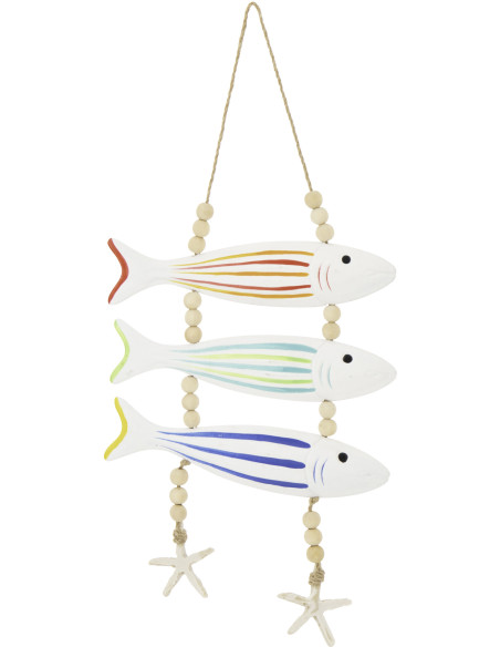 Suspension déco bord de mer 3 Poissons Bois MDF Blanc Motif lignes Perle Corde Naturel Nautilia 