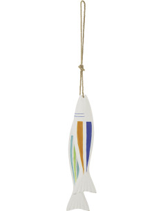 Suspension déco bord de mer 2 Poisson Bois MDF Blanc Motif lignes Corde Naturel Nautilia 