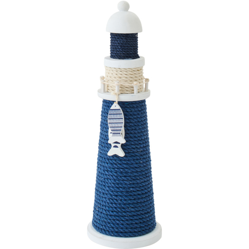 Phare déco bord de mer H 32 cm Corde Bleu Tressé Bois de pin Blanc Nautilia 