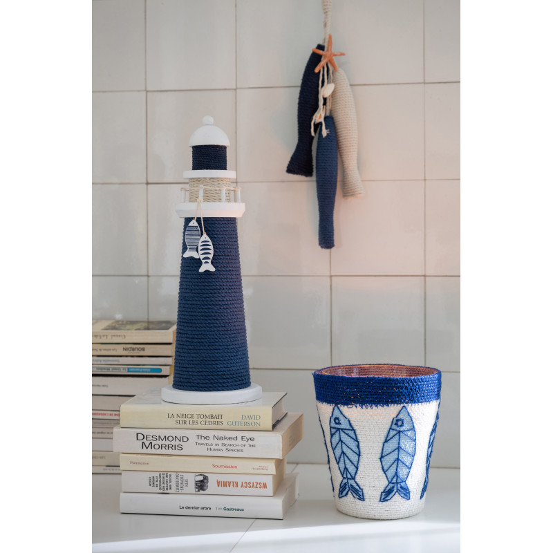 Phare déco bord de mer H 32 cm Corde Bleu Tressé Bois de pin Blanc Nautilia 