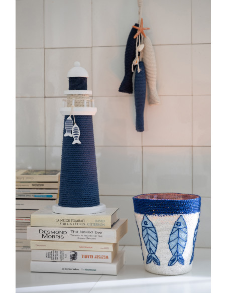 Phare déco bord de mer H 32 cm Corde Bleu Tressé Bois de pin Blanc Nautilia 