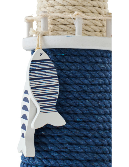 Phare déco bord de mer H 32 cm Corde Bleu Tressé Bois de pin Blanc Nautilia 