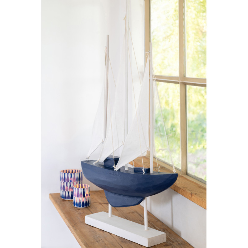Grand Voilier déco bord de mer sur pied 42 cm Bois de pin Bleu Blanc Nautilia 