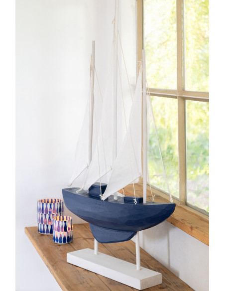 Grand Voilier déco bord de mer sur pied 42 cm Bois de pin Bleu Blanc Nautilia 