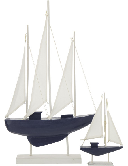 Grand Voilier déco bord de mer sur pied 42 cm Bois de pin Bleu Blanc Nautilia 