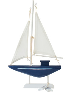 Voilier déco bord de mer sur pied 19 cm Bois de pin Bleu Blanc Nautilia 