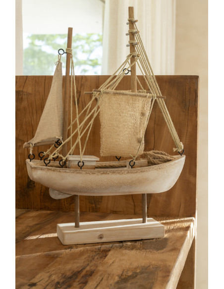 Bateau déco vintage sur pied 28 cm Bois MDF Naturel Blanchi Corde Naturel Nautilia 