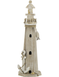 Grand Phare déco bord de mer H 53 cm Bois MDF Naturel Blanchi Corde Tressé Nautilia 
