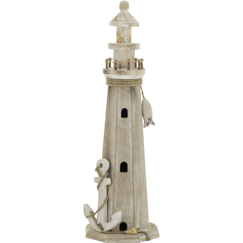 Grand Phare déco bord de mer H 53 cm Bois MDF Naturel Blanchi Corde Tressé Nautilia 