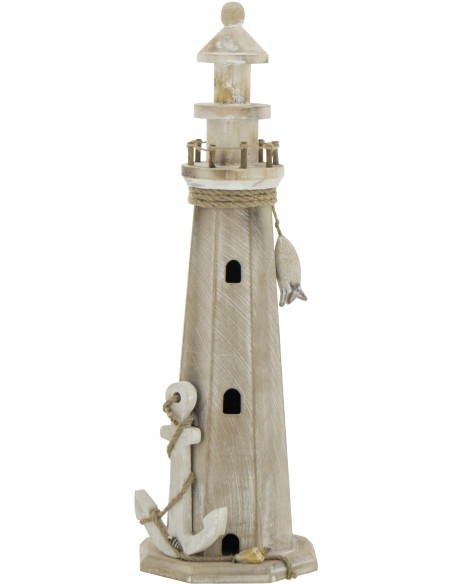 Grand Phare déco bord de mer H 53 cm Bois MDF Naturel Blanchi Corde Tressé Nautilia 