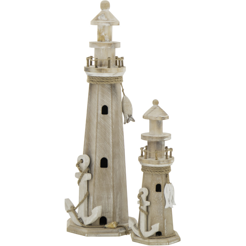 Grand Phare déco bord de mer H 53 cm Bois MDF Naturel Blanchi Corde Tressé Nautilia 