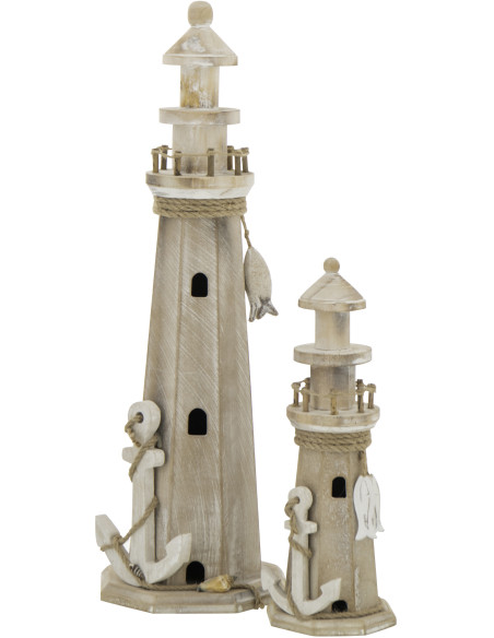 Grand Phare déco bord de mer H 53 cm Bois MDF Naturel Blanchi Corde Tressé Nautilia 