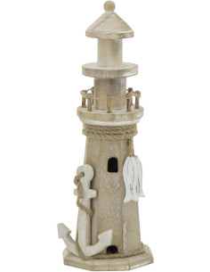 Phare déco bord de mer H 30 cm Bois MDF Naturel Blanchi Corde Tressé Nautilia 