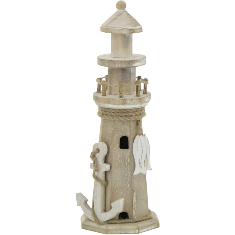 Phare déco bord de mer H 30 cm Bois MDF Naturel Blanchi Corde Tressé Nautilia 