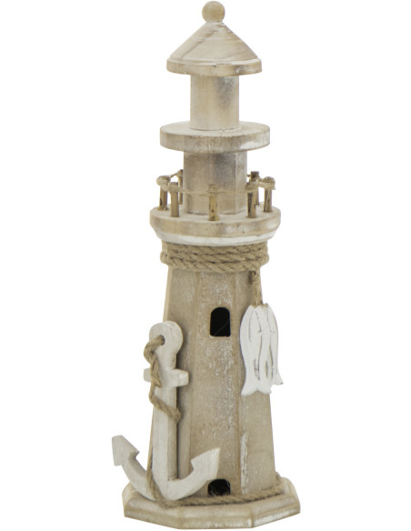 Phare déco bord de mer H 30 cm Bois MDF Naturel Blanchi Corde Tressé Nautilia 
