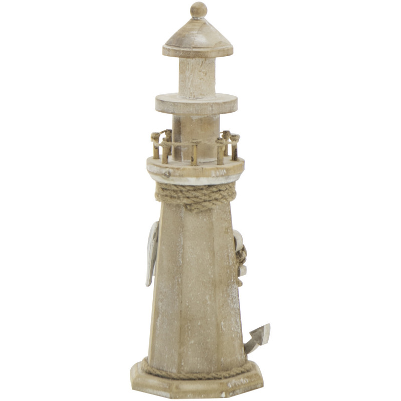 Phare déco bord de mer H 30 cm Bois MDF Naturel Blanchi Corde Tressé Nautilia 