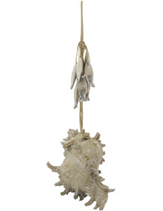 Suspension déco bord de mer Coquillage & Poissons Bois MDF Naturel Blanchi Corde Tressé Nautilia 