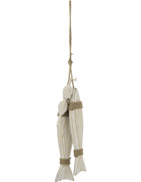 Suspension déco bord de mer 2 Poissons Bois MDF Naturel Blanchi Corde Tressé Nautilia J-Line - 1