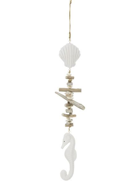 Suspension déco bord de mer Hippocampe & Coquillage Résine Blanc Bois flotté Naturel Nautilia 