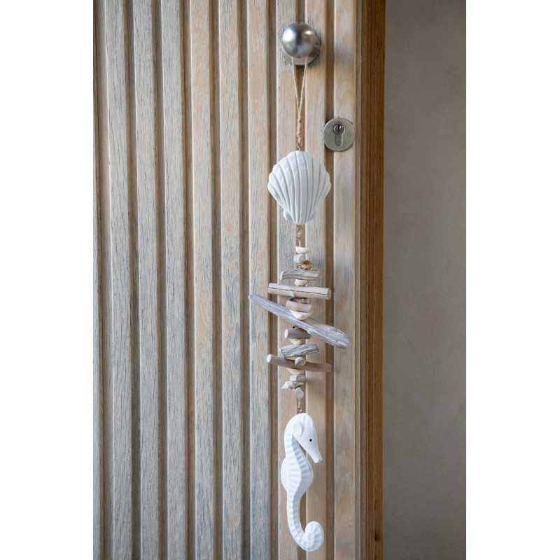Suspension déco bord de mer Hippocampe & Coquillage Résine Blanc Bois flotté Naturel Nautilia 