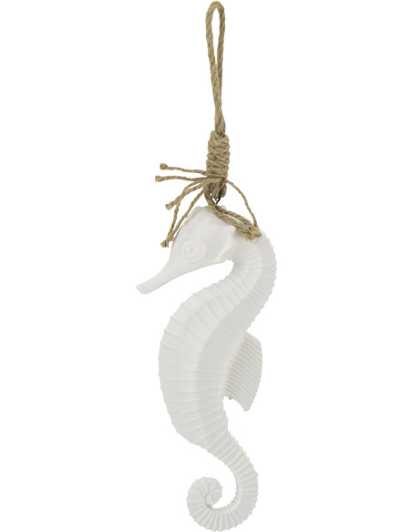 Suspension déco bord de mer Hippocampe Bois MDF Blanc Corde Naturel Tressé Nautilia J-Line - 1