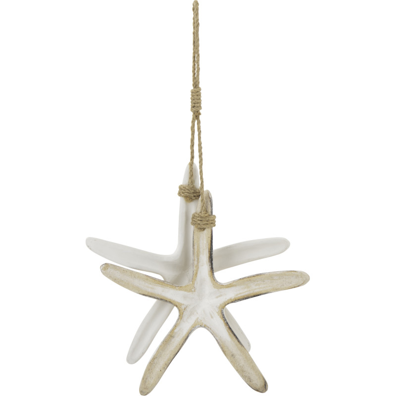 Suspension déco bord de mer 2 Étoiles de mer Bois MDF Naturel Blanc Corde Tressé Nautilia 