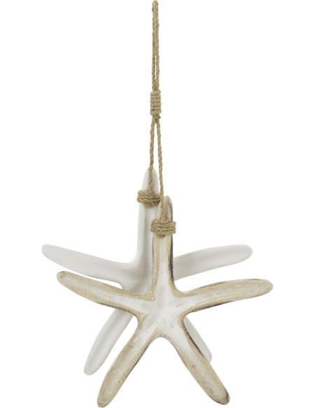 Suspension déco bord de mer 2 Étoiles de mer Bois MDF Naturel Blanc Corde Tressé Nautilia 
