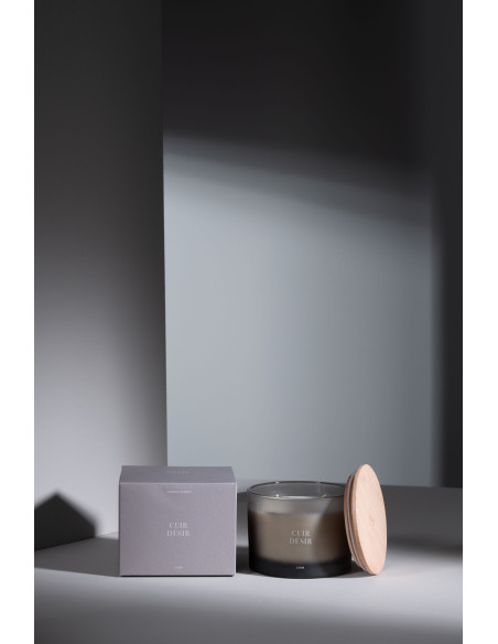 Bougie parfumée Mélange boisé Cuir Désir 28 H Verre Beige Cire Accord Essentiels 